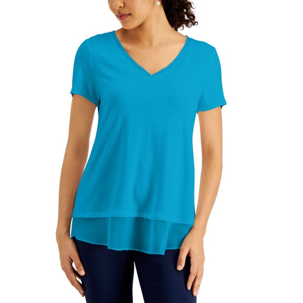 JM Collection V Neck Sheer Hem Top